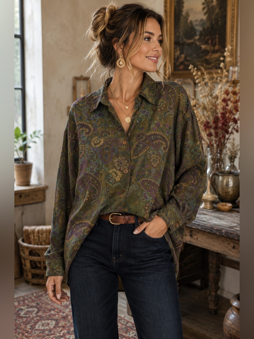 Capacity Olive Green Paisley Button Down Shirt L Oversized Artsy Boho